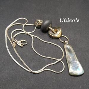 Chico's Long Pendant Necklace, Silver Tone 36" Snake Chain, Rustic Hanging Beads